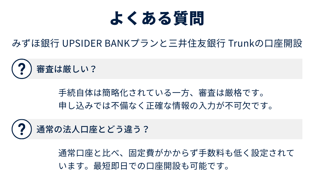 みずほ銀行 UPSIDER BANKプランと三井住友銀行 Trunkのよくある質問